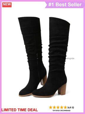 Suede Slouch Knee High Boots Chunky Heel Fall Tall Boot